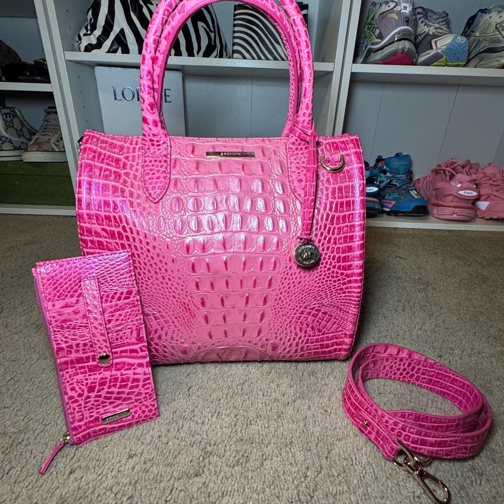 Brahmin Pink Embossed Tote Bag Set